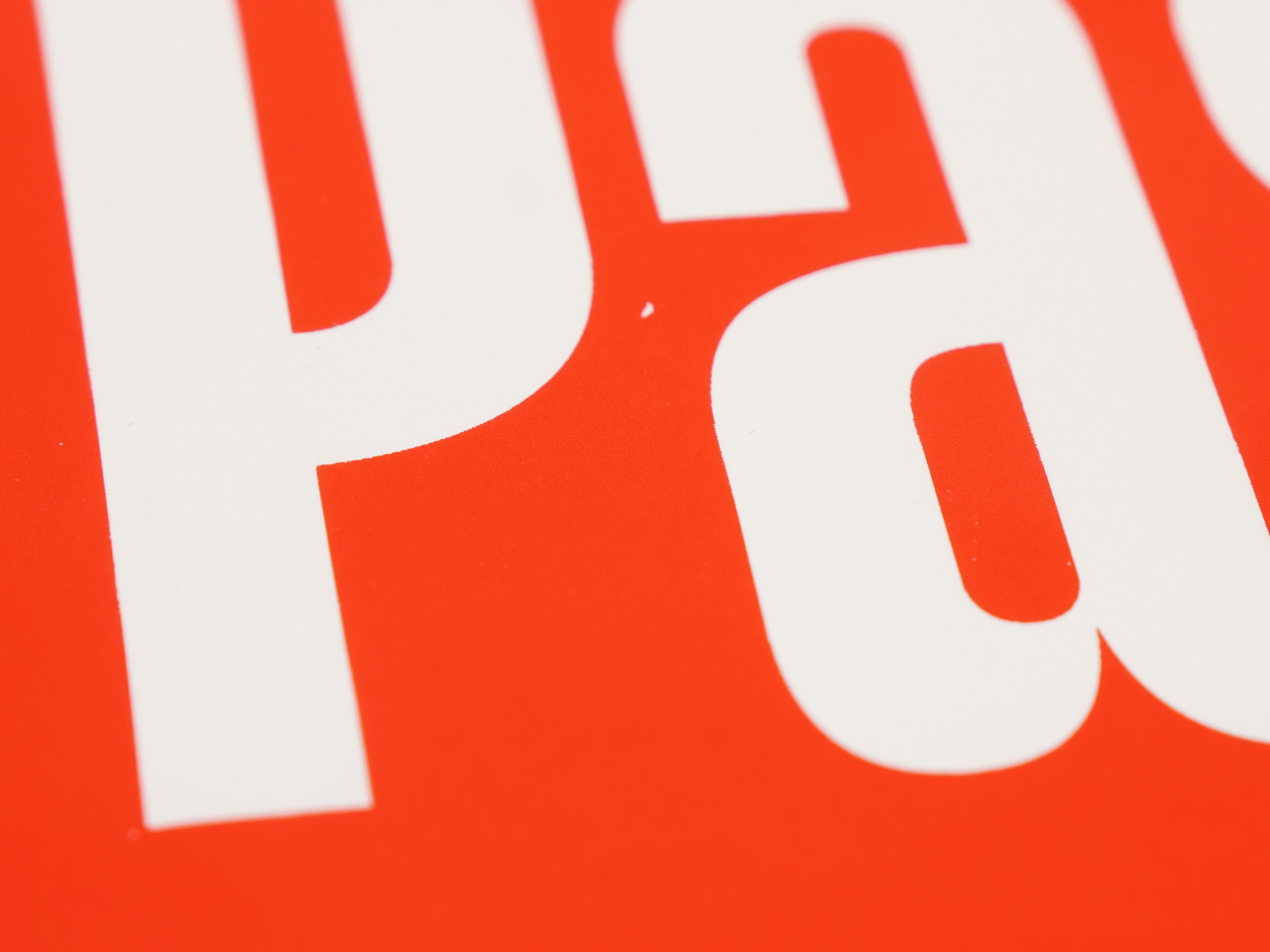 Nahaufnahme des weißen Siebdruckschriftzugs „Passt." auf orangerotem Papier – Typografiedetail