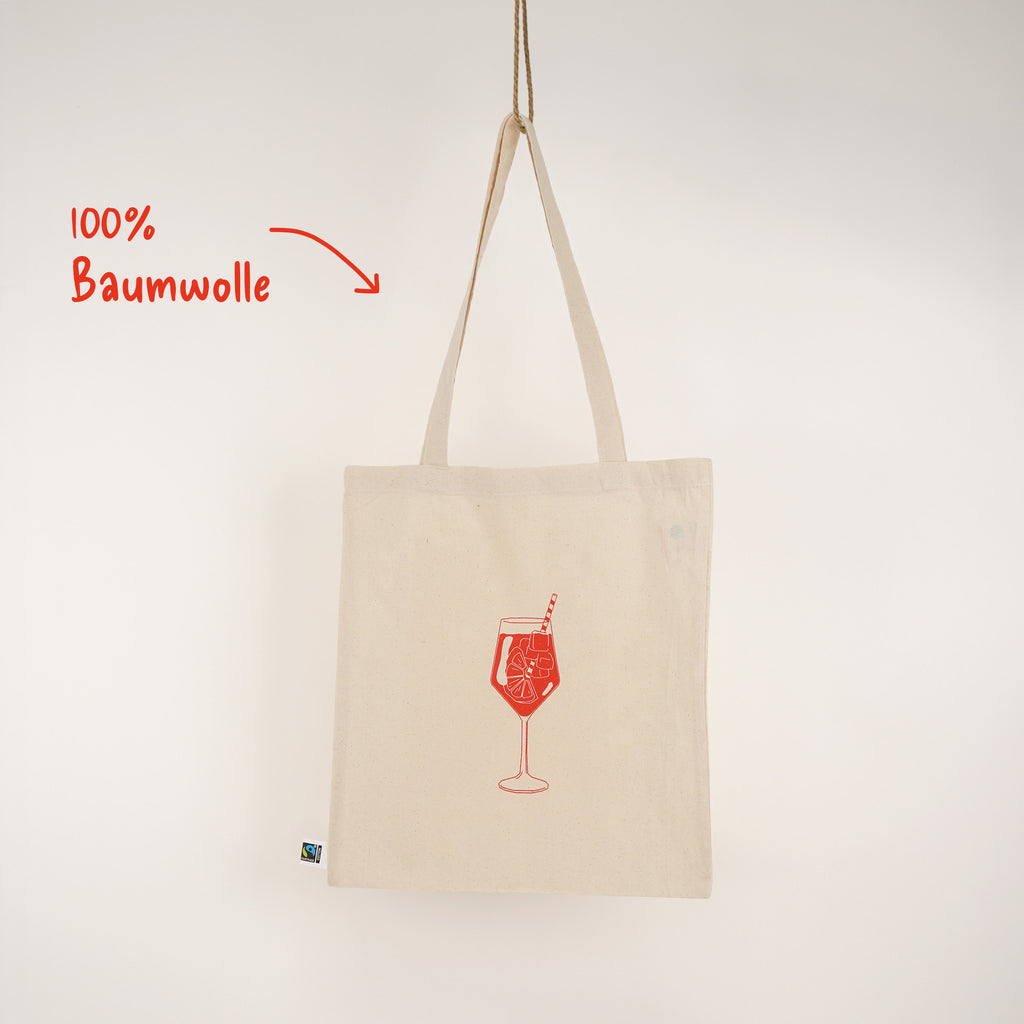 Baumwoll-Jutebeutel mit rotem Aperol-Spritz-Aufdruck, hängend – 100% Baumwolle, Fairtrade-zertifiziert