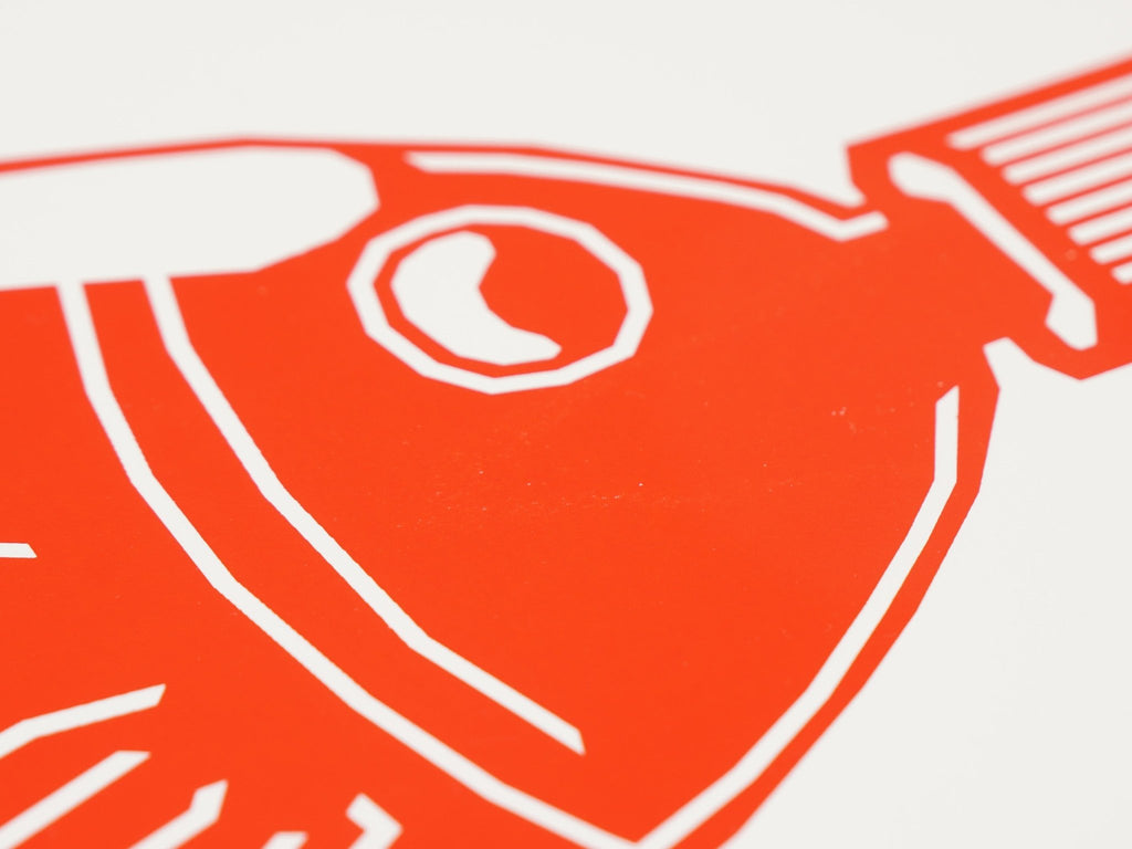 Nahaufnahme Siebdruck-Textur Soßenfisch-Poster – handgemacht Fisch & Farbe