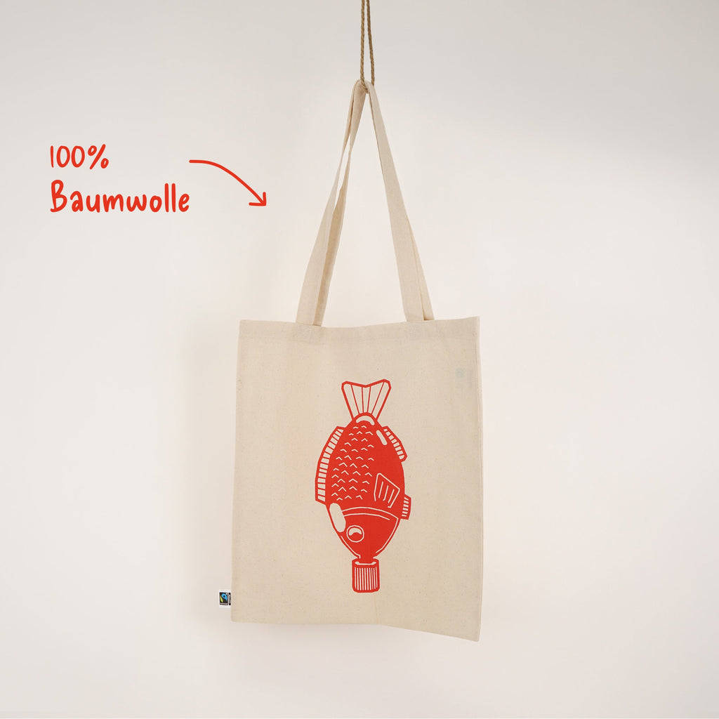 Soßenfisch Siebdruck Tote Bag Fairtrade-Baumwolle handgedruckt – Fisch & Farbe